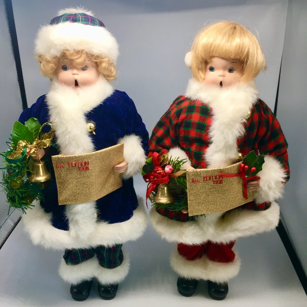 2 VTG 17” Dutch Boy & Girl Christmas Carolers, Bells & Sheet Music, Velvet Coats